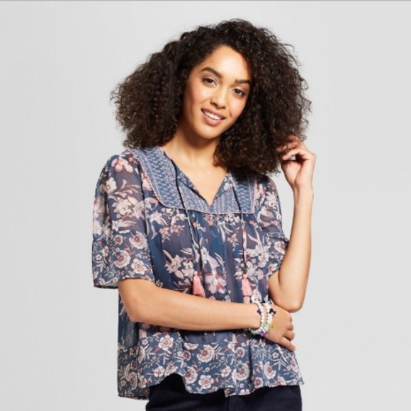 {Knox Rose} Short Sleeve Sheer Floral Boho Top EUC - Picture 1 of 7